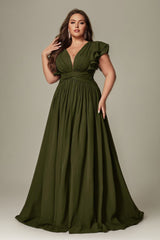 Curveins Plus Size V-Neck Ruffle Sleeve Split A-Line Maxi Dress