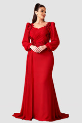 Curveins Plus Size Elegant V-Neck Sequin Floral Lantern Sleeve Slimming Maxi Dress