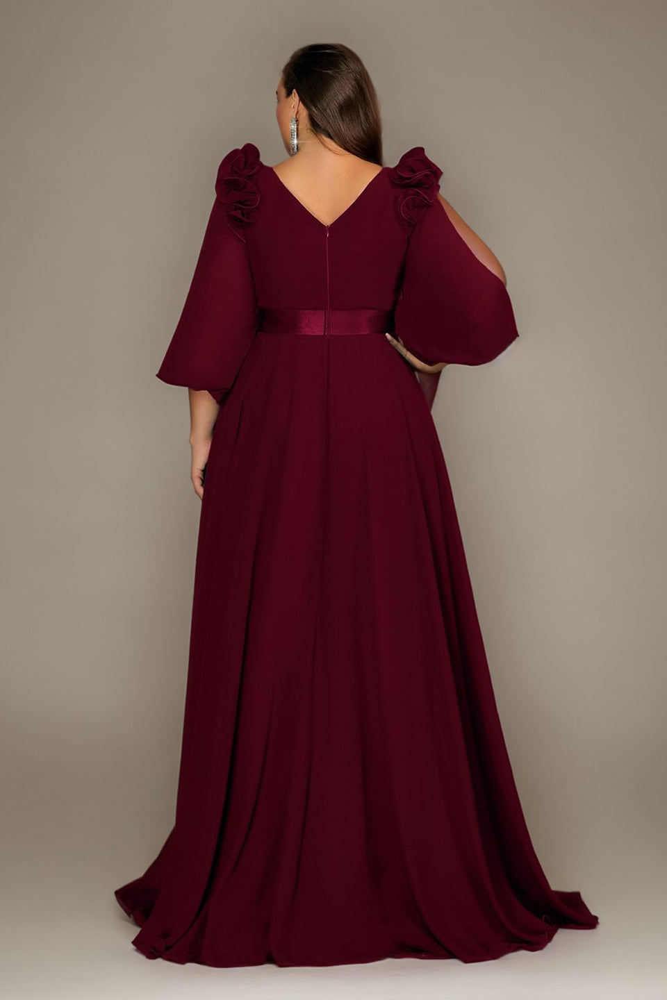 Curveins Plus Size Elegant V-Neck Batwing Sleeve Waist-Hugging Long Dress