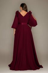 Curveins Plus Size Elegant V-Neck Batwing Sleeve Waist-Hugging Long Dress