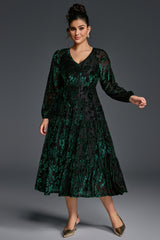 Curveins Plus Size V-Neck Flowy Bell Sleeves Pleated Velvet Maxi Dress