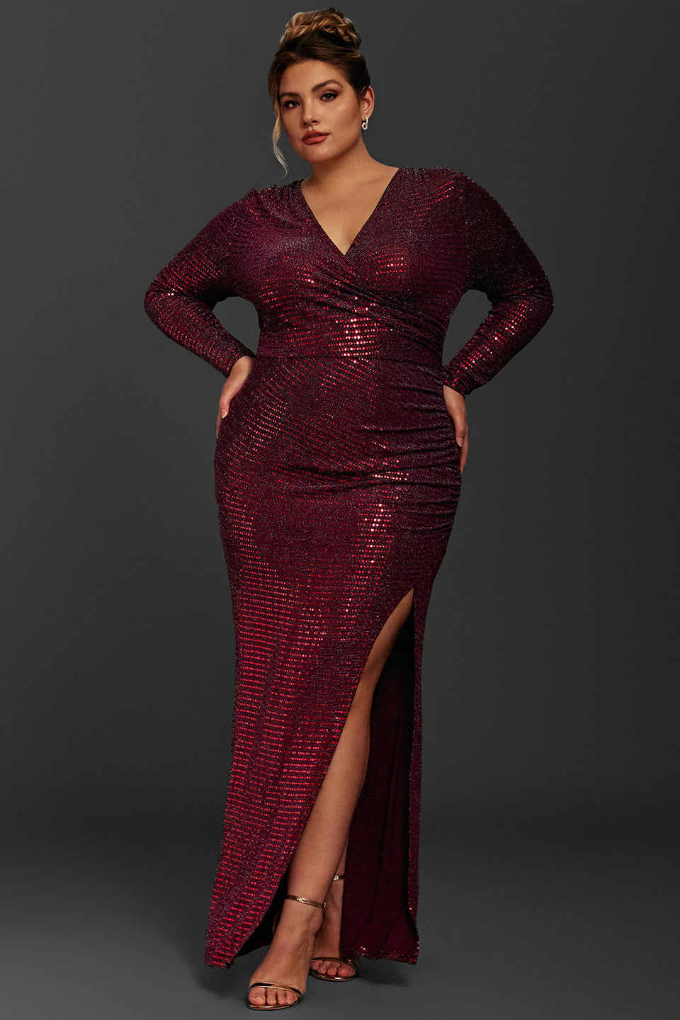 Curveins Plus Size Long Sleeve Solid Color Metallic Sequin Maxi Dress