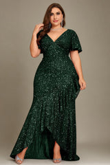 Curveins Plus Size V-Neck Short Sleeve Sequin Ruffle Slit Evening Gown