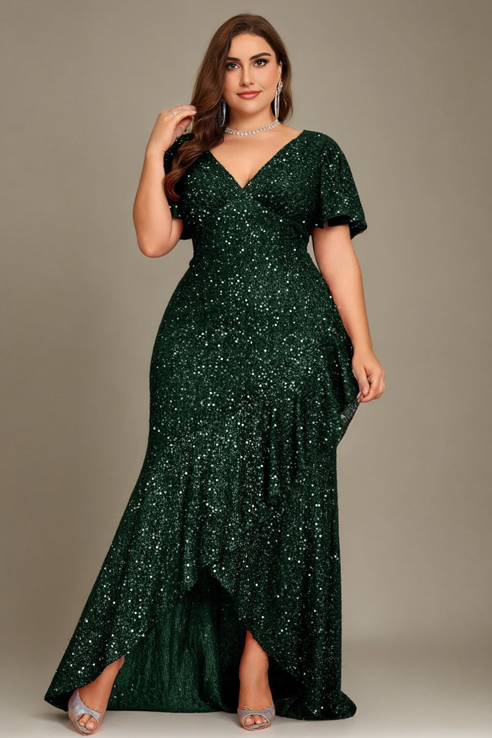 Curveins Plus Size V-Neck Short Sleeve Sequin Ruffle Slit Evening Gown