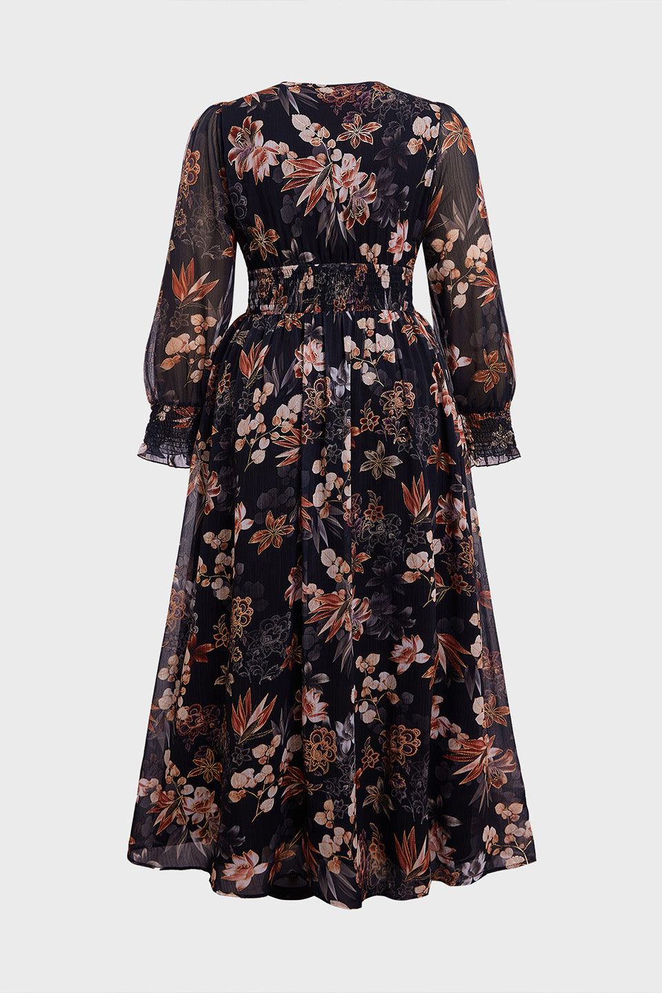 Curveins Plus Size V Neck Long Sleeve Floral Waist Maxi Dress