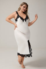 Curveins Plus Size Lace Strap Side-Slit Cami Nightdress with Lace Trim, Elegant Flirty Sleepwear