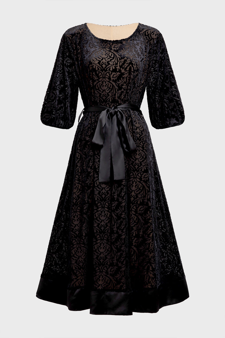 Curveins Plus Size Round Neck Floral Embroidery Belted Velvet Midi Dress