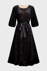 Curveins Plus Size Round Neck Floral Embroidery Belted Velvet Midi Dress