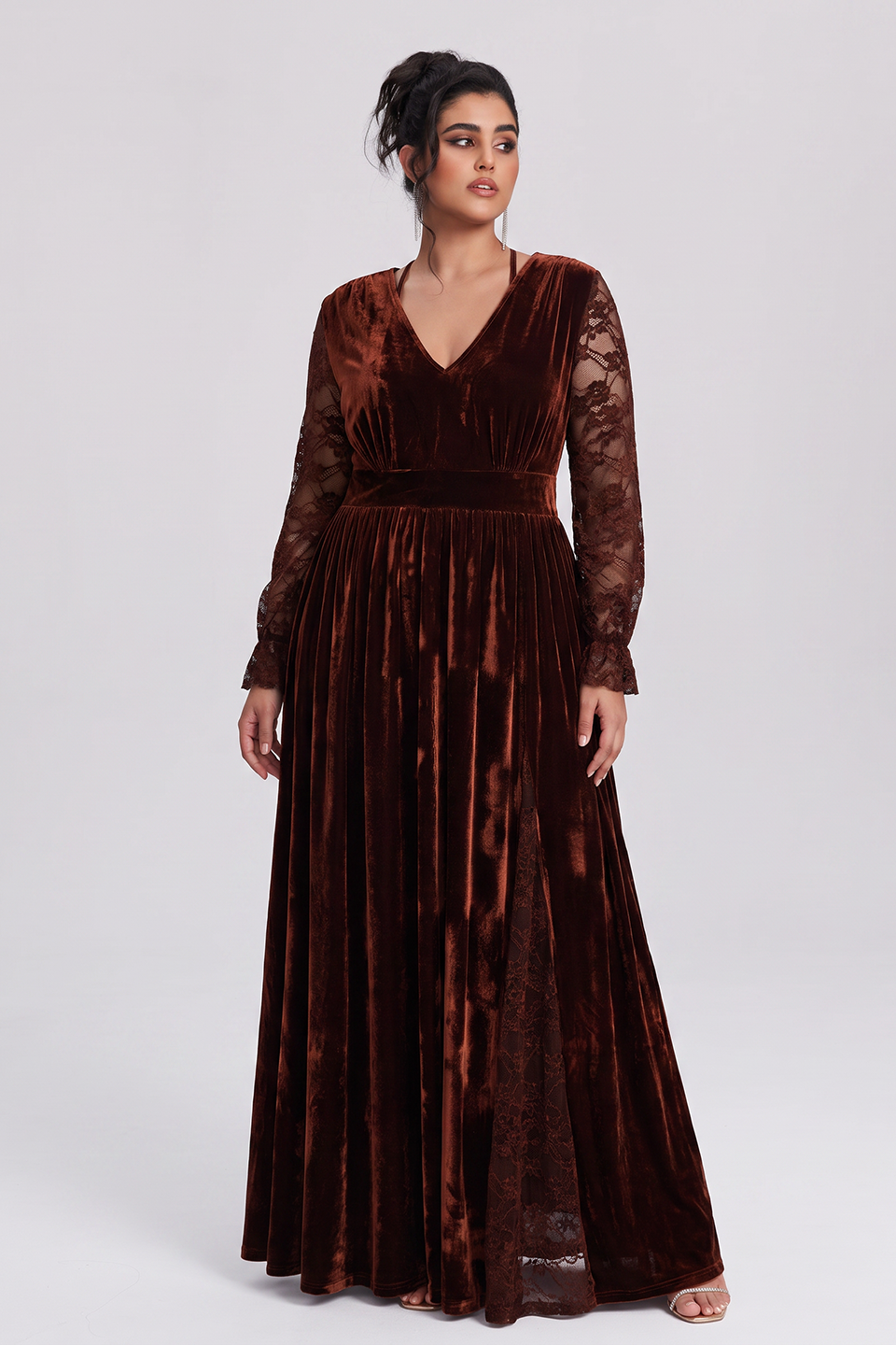 Curveins Plus Size Elegant V Neck Long Sleeve Ruched Waist Flowy Maxi Dress
