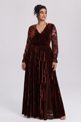 Curveins Plus Size Elegant V Neck Long Sleeve Ruched Waist Flowy Maxi Dress