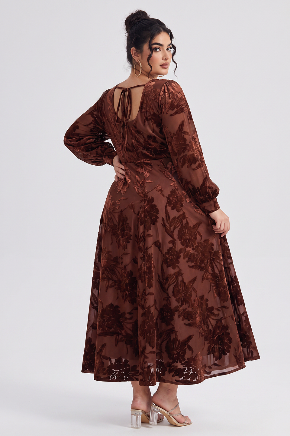 Curveins Plus Size Elegant Square Neck Long Sleeve Floral Print Velvet Split Maxi Dress