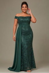 Curveins Plus Size Off Shoulder Sequin Waist Tie Elegant Evening Maxi Dress