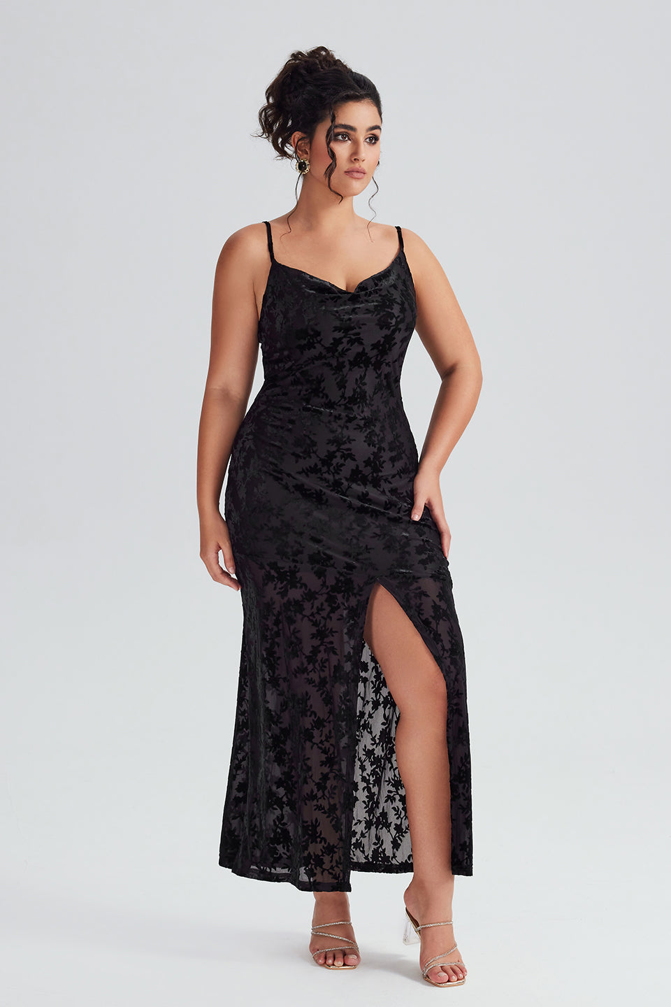 Curveins Plus Size Velvet Halter V-Neck Slit Maxi Dress