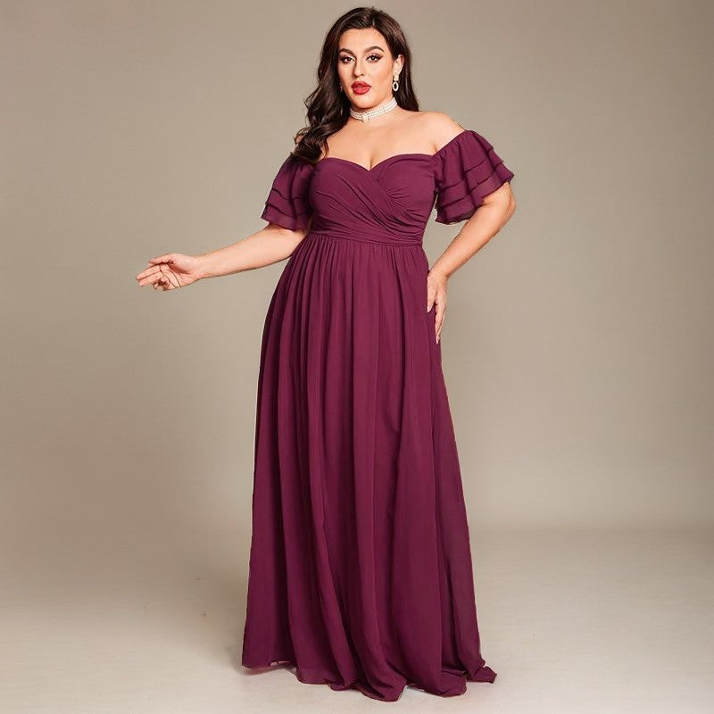 Curveins Plus Size Off Shoulder Pleated Split Maxi Dress