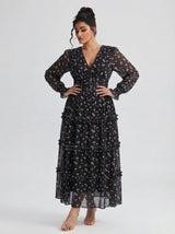 Curveins Plus Size V Neck Long Sleeve Floral Tiered Maxi Dress