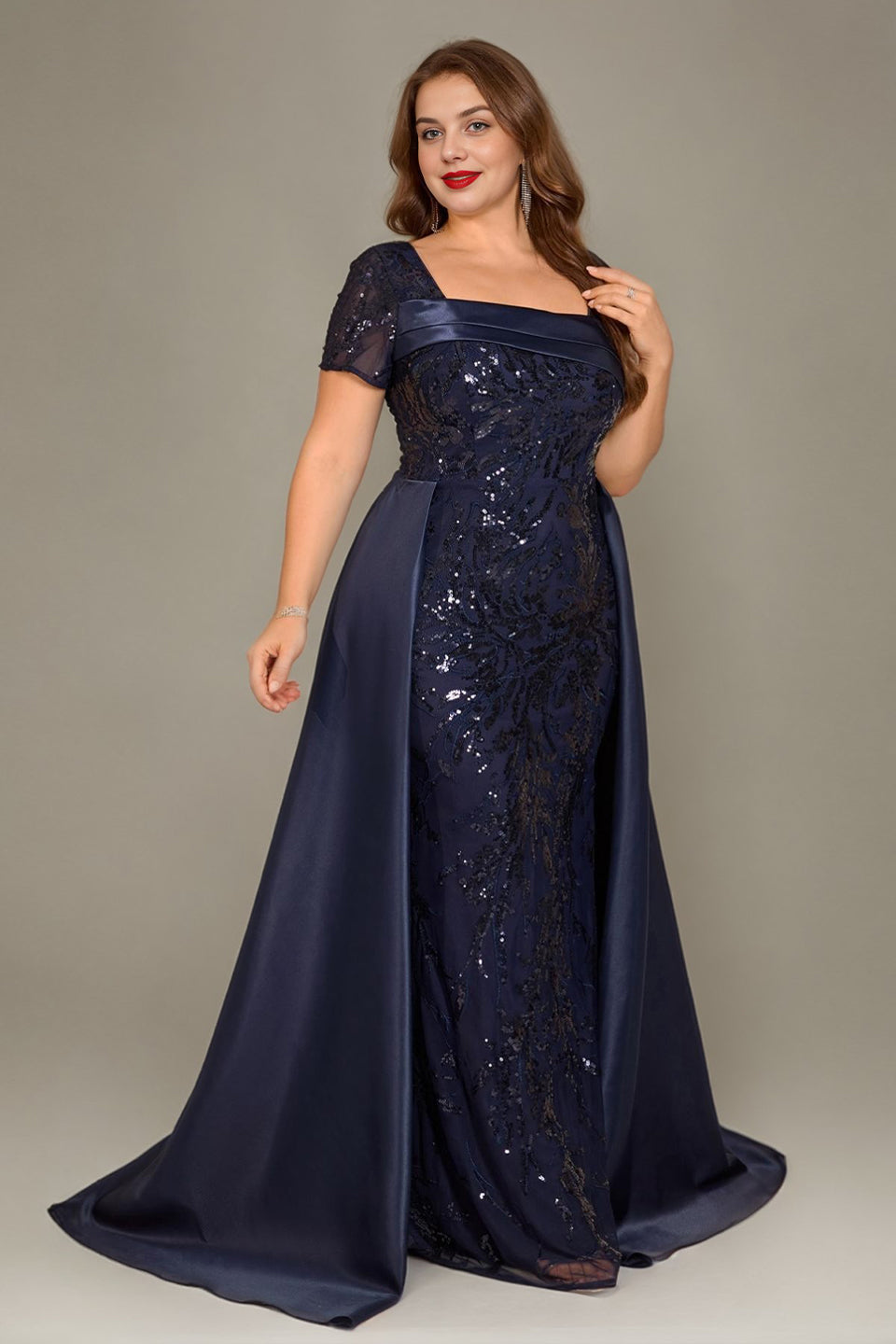 Curveins Plus Size Square Neck Short Sleeve Sequin Waist Defining Belted Maxi Dress