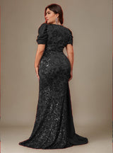 Curveins Plus Size V-Neck Sequin Patchwork Pattern Maxi Dress