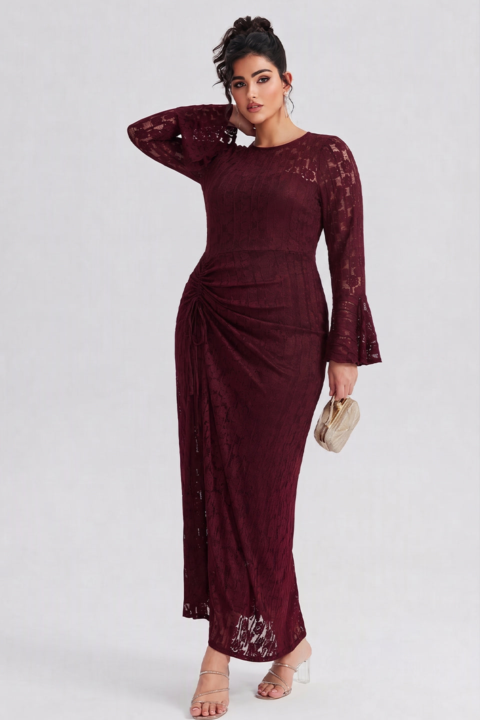 Curveins Plus Size Crew Neck Flared Long Sleeve Floral Bodycon Elegant Maxi Dress