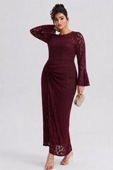 Curveins Plus Size Crew Neck Flared Long Sleeve Floral Bodycon Elegant Maxi Dress
