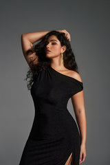 Curveins Plus Size One Shoulder Sexy Split Bodycon Maxi Dress