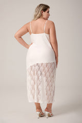 Curveins Plus Size Irregular Hem Lace Panel Spaghetti Strap Dress, Stylish Comfortable Outfit