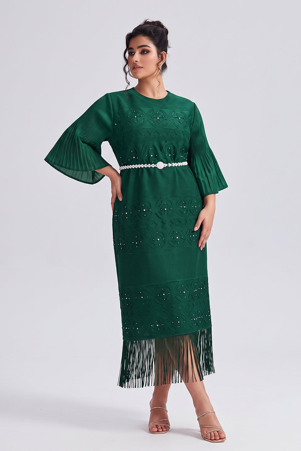 Curveins Plus Size Crew Neck Long Sleeve Stretch Fringe Hem Belted Midi Dress