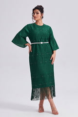 Curveins Plus Size Crew Neck Long Sleeve Stretch Fringe Hem Belted Midi Dress
