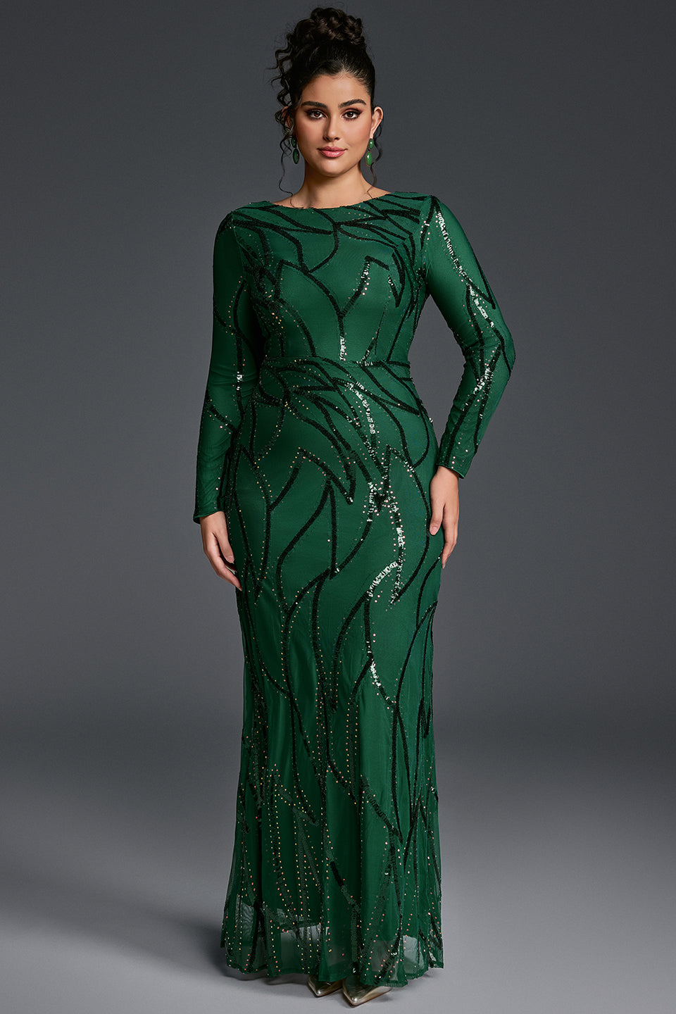 Curveins Plus Size Round Neck Long Sleeve Textured Sequin Bodycon Maxi Dress