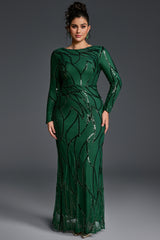 Curveins Plus Size Round Neck Long Sleeve Textured Sequin Bodycon Maxi Dress