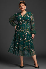Curveins Plus Size V-Neck Ruffle Sleeve Embroidered Midi Dress