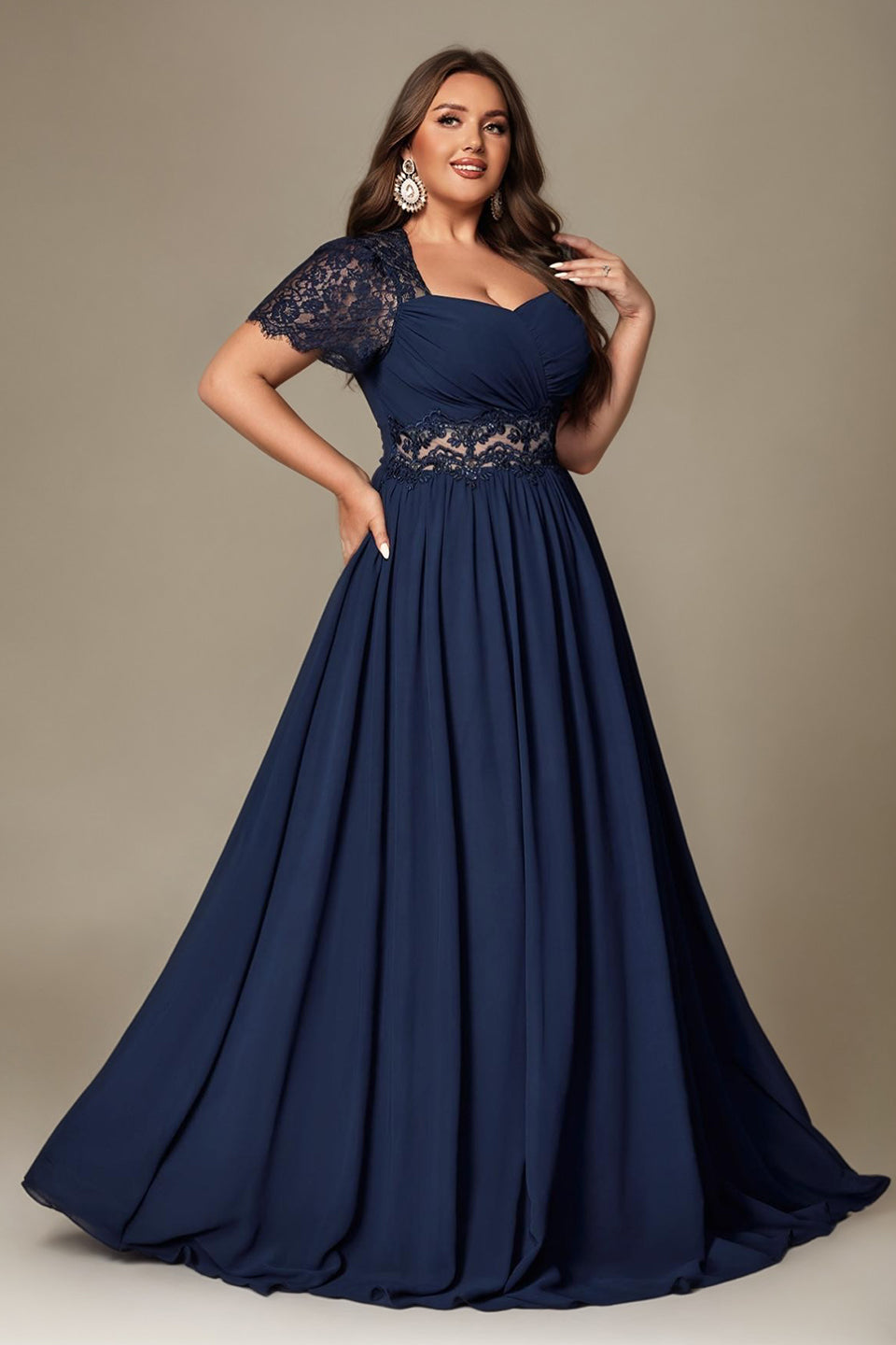 Curveins Plus Size Strapless Embroidered Short Sleeve Waist Cinch A-Line Maxi Dress