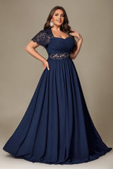 Curveins Plus Size Strapless Embroidered Short Sleeve Waist Cinch A-Line Maxi Dress