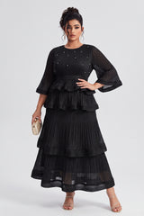 Curveins Plus Size Crew Neck Long Sleeve Ruffle Tiered Skirt Set