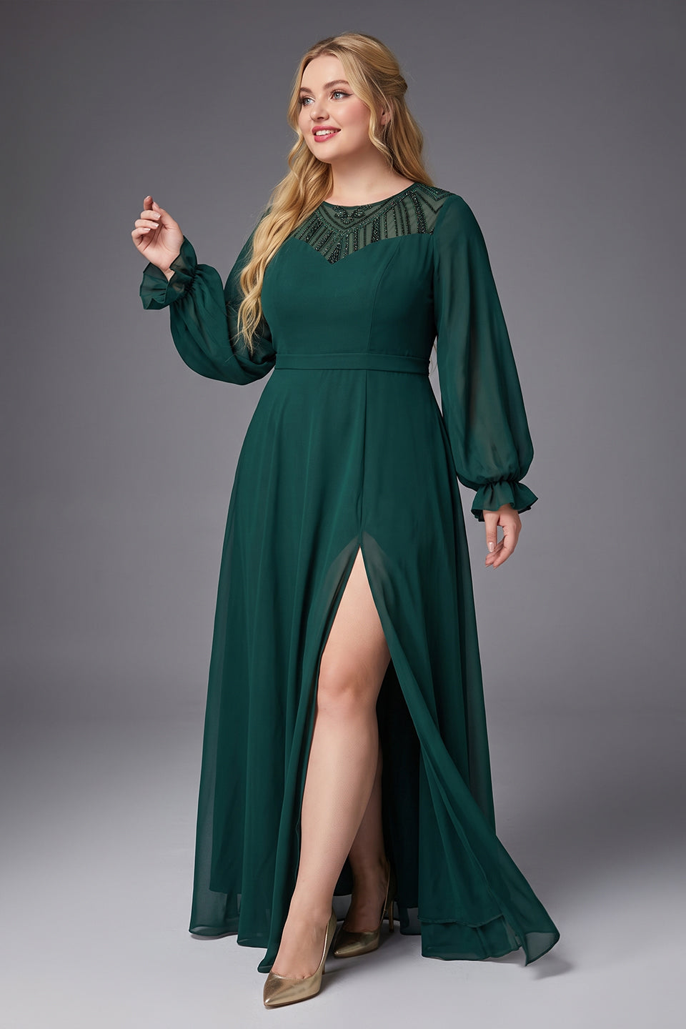 Curveins Plus Size Round Neck Lantern Sleeve Waist-Defining Sequin Panel Slit Maxi Dress