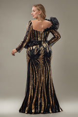 Curveins Plus Size Square Neck Long Sleeve Sequin Bodycon Gold Stripe Maxi Dress