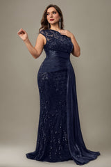 Curveins Plus Size One Shoulder Sleeveless Embroidered Sequin Patchwork Bodycon Maxi Dress