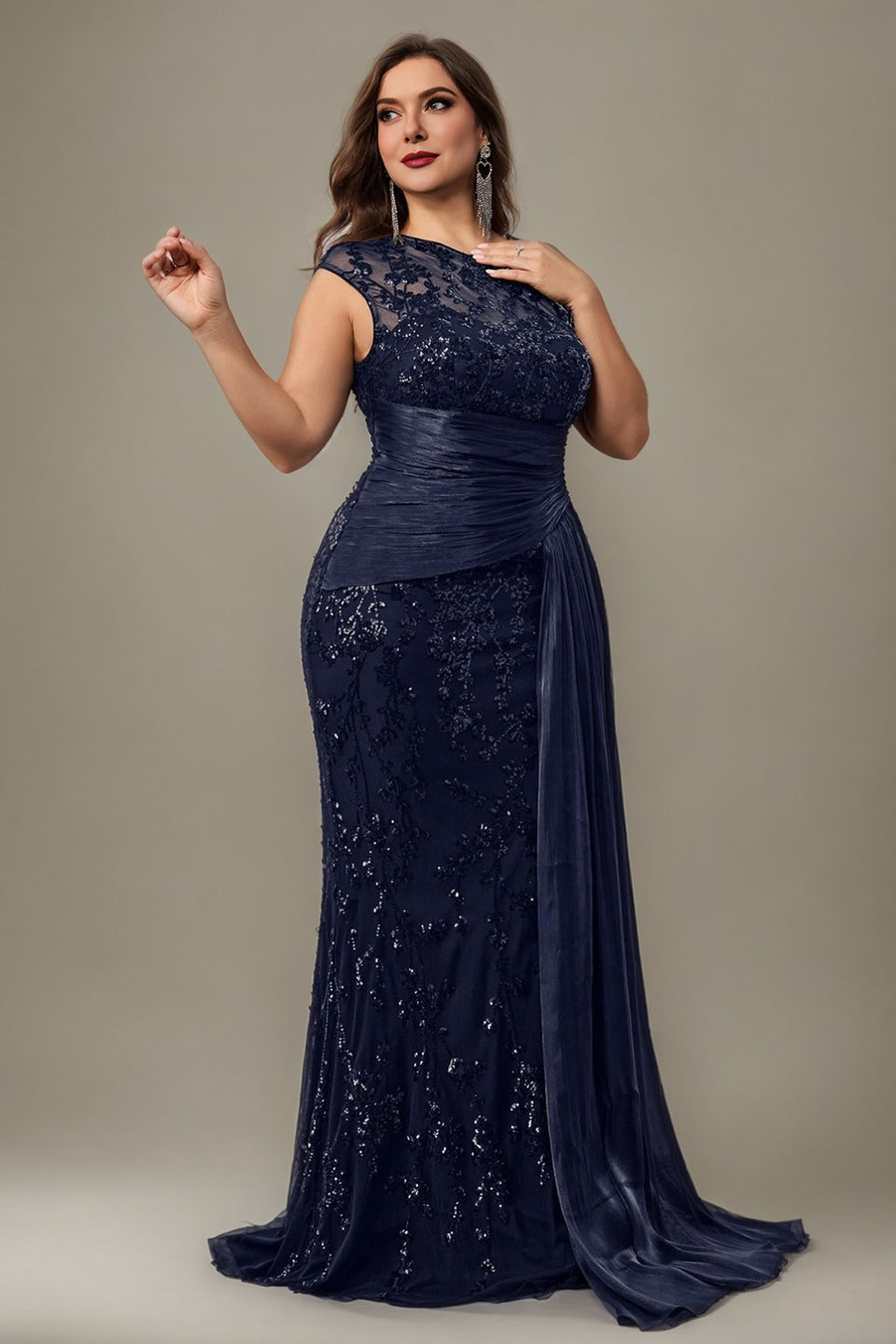 Curveins Plus Size One Shoulder Sleeveless Embroidered Sequin Patchwork Bodycon Maxi Dress