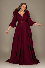 Curveins Plus Size Elegant V-Neck Batwing Sleeve Waist-Hugging Long Dress