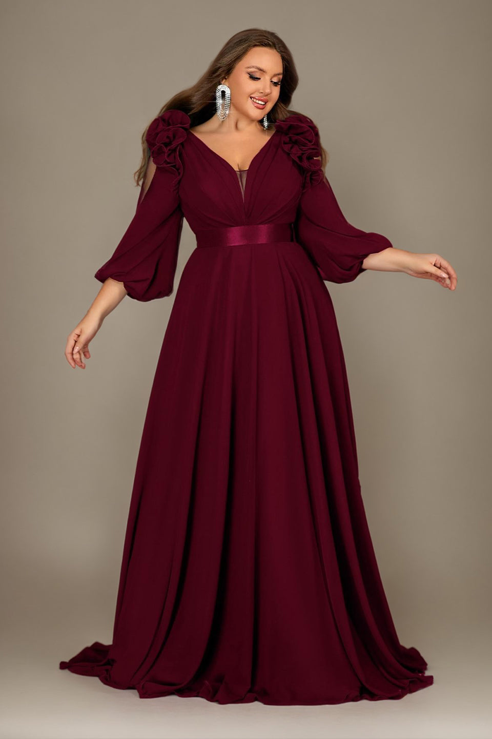 Curveins Plus Size Elegant V-Neck Batwing Sleeve Waist-Hugging Long Dress 18-20/2X / Burgundy