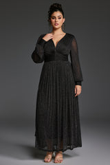 Curveins Plus Size V-Neck Lantern Sleeve Slit Hem Maxi Dress