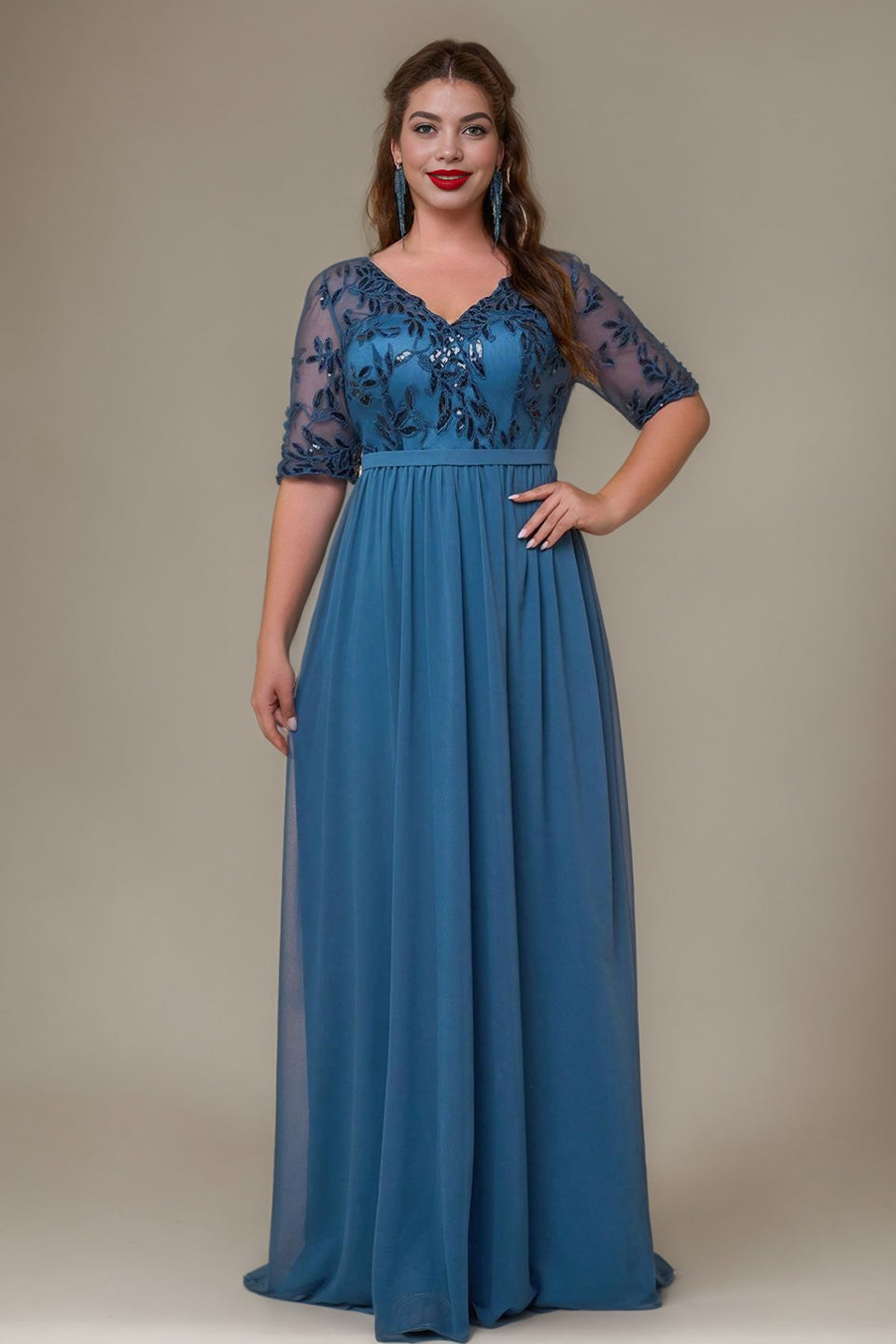 Curveins Plus Size V-Neck Sequin Floral Patchwork Maxi Dress