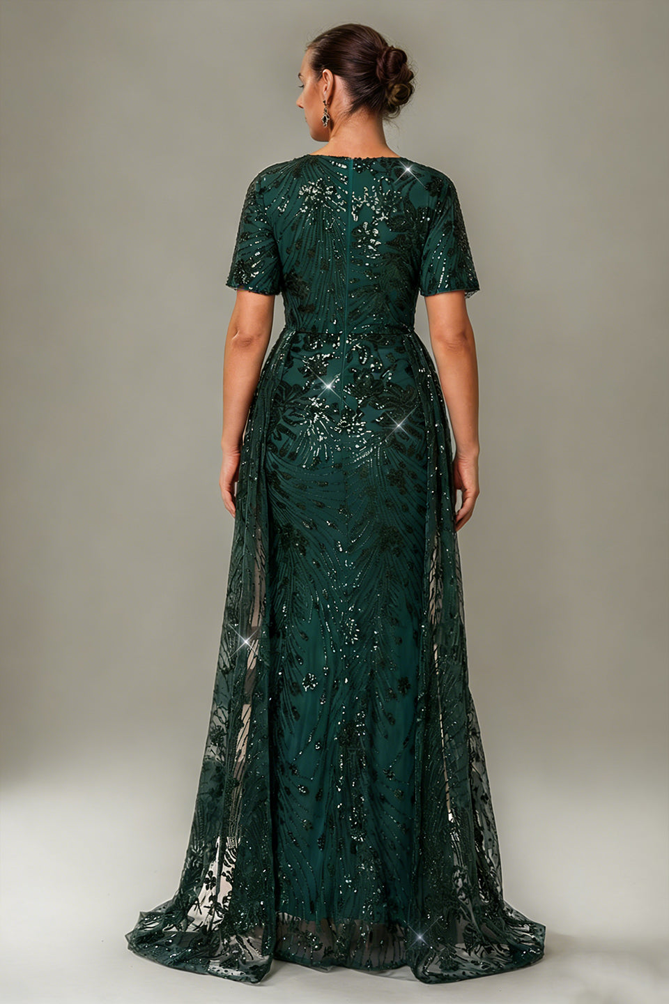 Curveins Plus Size V-Neck Batwing Sleeve Sequin Detail Maxi Dress with Side Train