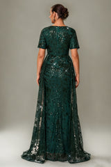 Curveins Plus Size V-Neck Batwing Sleeve Sequin Detail Maxi Dress with Side Train