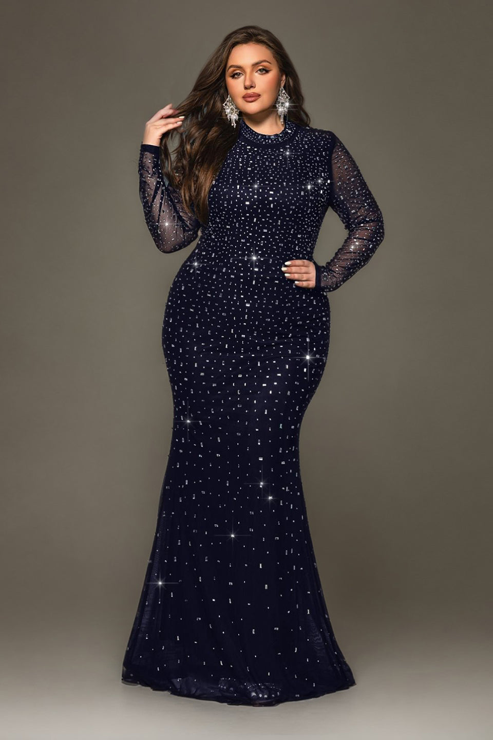 Curveins Plus Size Elegant Round Neck Sheer Sleeves Sequin-Hugging Long Dress