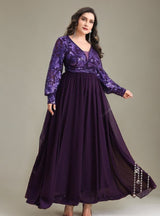 Curveins Plus Size V-Neck Sequin Floral Panel Maxi Dress
