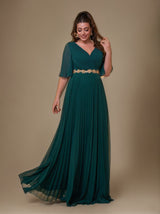 Curveins Plus Size V-Neck Batwing Sleeve Floral Ruched Waist Maxi Dress