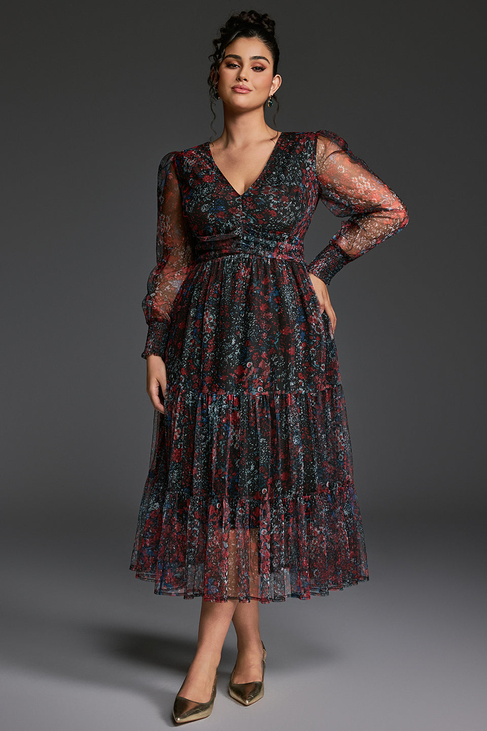 Curveins Plus Size V-Neck Floral Asymmetrical Hem Maxi Dress