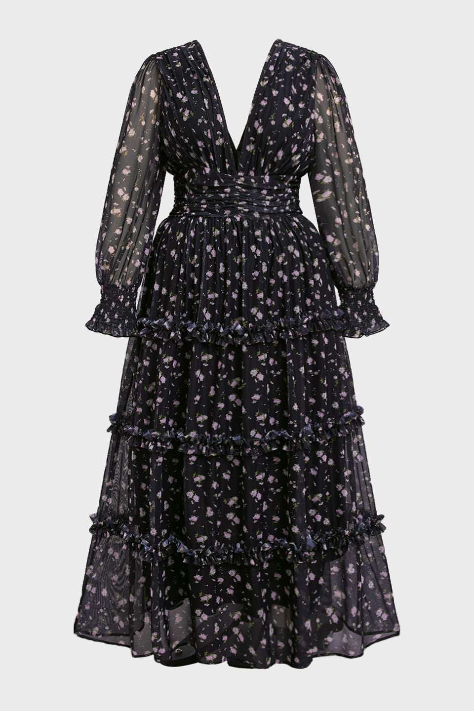 Curveins Plus Size V Neck Long Sleeve Floral Tiered Maxi Dress