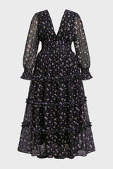 Curveins Plus Size V Neck Long Sleeve Floral Tiered Maxi Dress