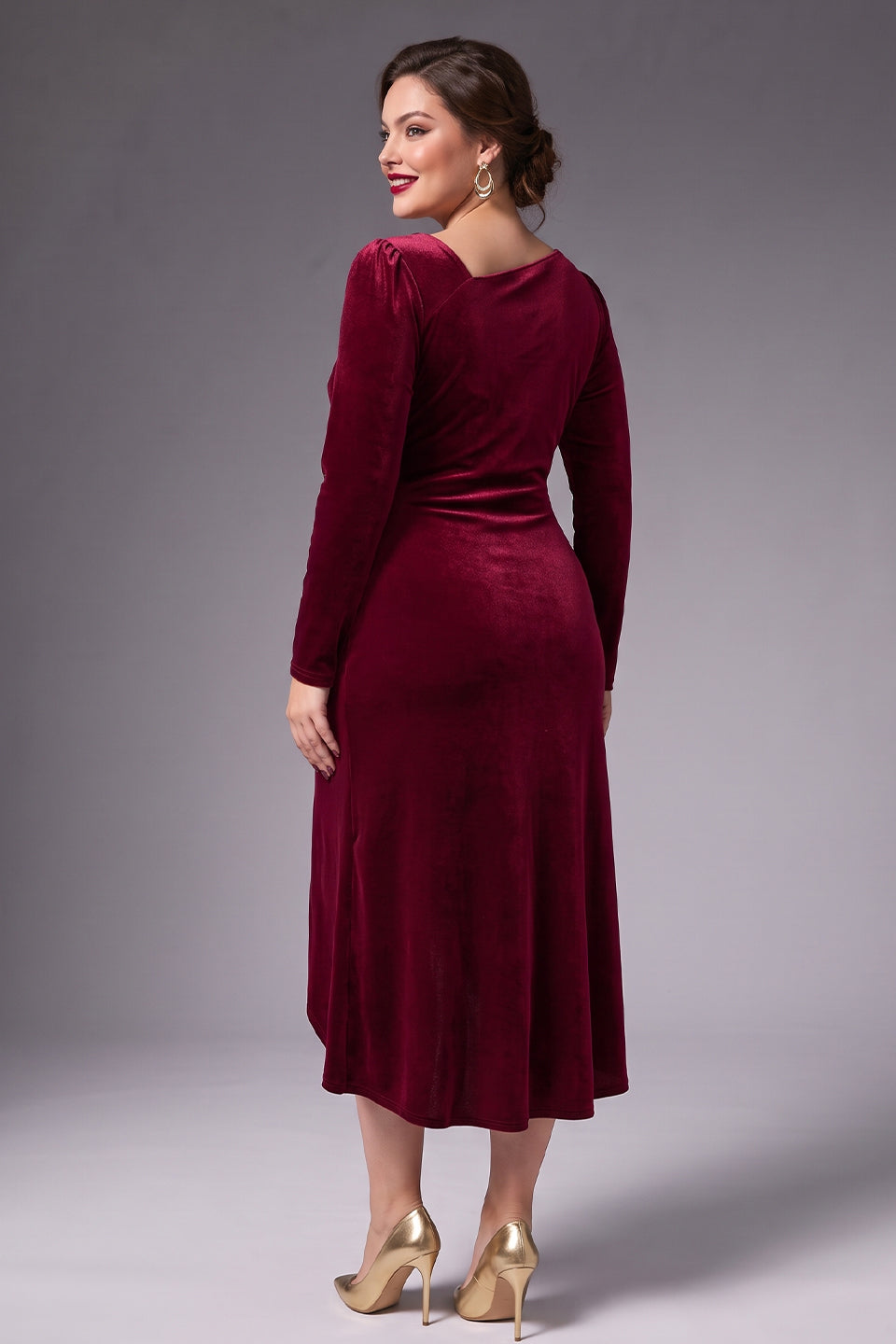 Curveins Plus Size Velvet Asymmetric One Shoulder Long Sleeve Ruched Slit Elegant Midi Dress